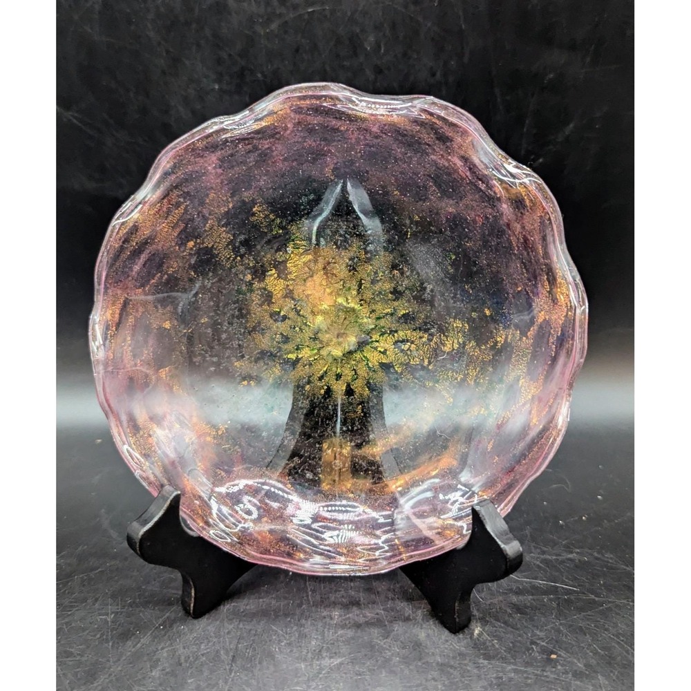Vintage Murano Art Glass Green Pink Scalloped Plate Gold Inclusion 7"